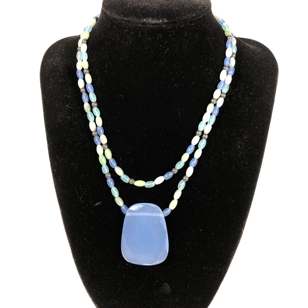 Y2K Glass Double-strand Necklace, Blue, mint glass bead, Faceted Focal
